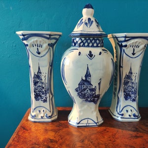 Set of 3 Vintage Delft Blue Porcelain Vases