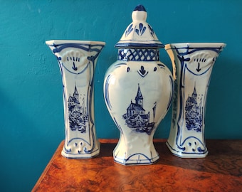 Set of 3 Vintage Delft Blue Porcelain Vases
