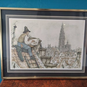 Framed Print of Vintage Anton Pieck 1960s the Roof Painter