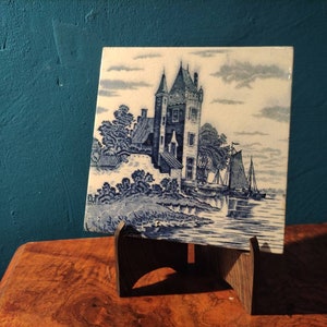Vintage Delft Blue Tile with Castle and ships scene