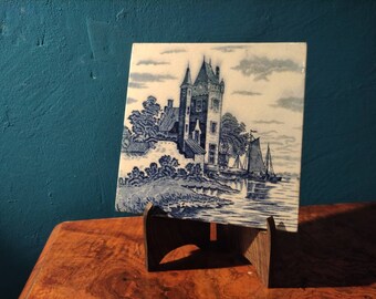 Vintage Delft Blue Tile with Castle and ships scene