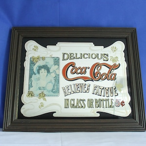 Vintage Medium Sized Coca Cola Advertising Mirror in Dark Wooden Frame