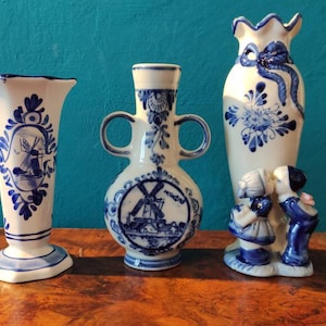 Vintage set of three Hand Painted Delft Blue Vases