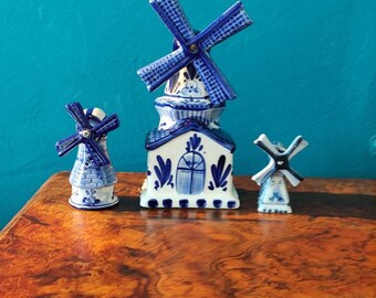 Vintage set of 3 porcelain hand painted Delft Blue windmills