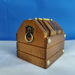 Vintage 1970s Chest Shaped Wooden and Cork Coaster Set (8)