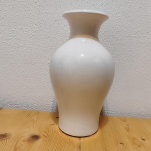 May include: A white ceramic vase with a brown rim. The vase has a classic, elegant design and is perfect for displaying flowers.