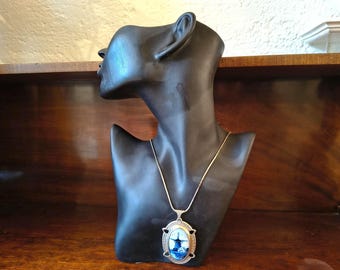 Vintage Silver Pendant with Large Oval Delft Blue Piece on a Silver- Plated Chain
