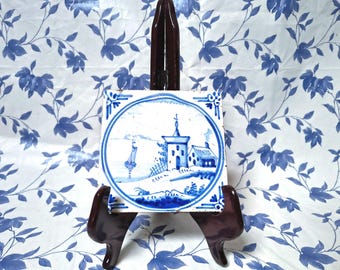 Azulejo antiguo de Delft pintado a mano, siglos XVIII-XIX.