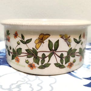 May include: A white ceramic bowl with a floral design featuring butterflies and small orange flowers. The bowl has a slightly distressed look.