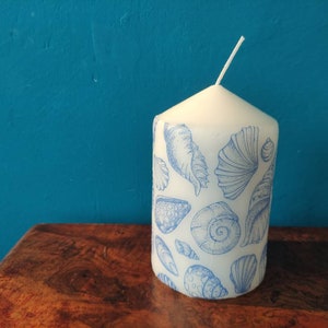 Large Home Decoupaged White Candle with Blue Shells