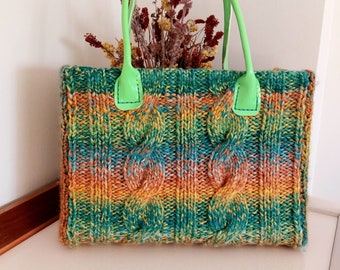 MULTICOLORED WOOL Bag, Modern Colorful Handmade Braided Wool Bag With Leather Handle Details For Women