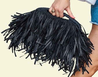 Black Raffia Fringe Clutch, Boho Top Handle Purse, Handmade Woven Handbag, Personalized Color Summer Bag, Statement Wedding Accessory