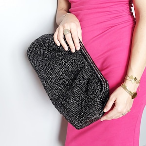 Black Evening Pouch Bag, Black Metallic Raffia Bag, Tinsel Black Wedding bag, Wedding bag for guests, Evening bag clutch