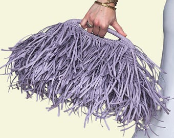 Clutch lilás com franjas de ráfia, bolsa boho lavanda com alça superior, bolsa de mão tecida à mão, bolsa de verão com cor personalizada