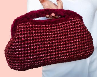 Burgundy Metallic Crochet Clutch, Handmade Evening Dumpling Bag