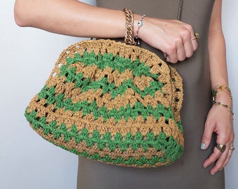 Bolso de rafia de paja con correa de cadena, mini clutch de rafia con marco