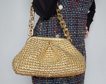 Handgemachte Gold Metallic häkeln Clutch Bag, Hochzeit Abendtasche