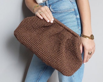 Handcrafted Crochet Raffia Clutch Bag, Dark Brown Paper Yarn Pouch