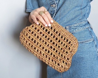 Mesh Straw Bag with Gold Yarn Details, Mesh Raffia Clutct Bag for Woman, Gold Mix Raffia Bag