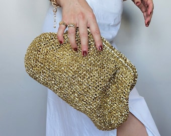 Gouden raffia-clutch, elegante avondbruiloft Pur