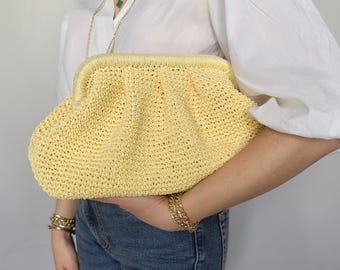 Crochet Raffia Clutch Bag, Pastel Yellow Summer Pouch