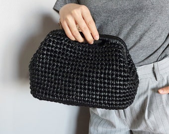 Sac de mariage en cuir noir pour femme, pochette de soirée en cuir noir, sac d'invité de mariage en cuir noir, sac à poignée supérieure en cuir noir