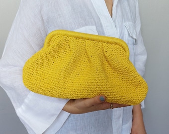 Yellow Raffia Crochet Pouch Bag, Summer Clutch