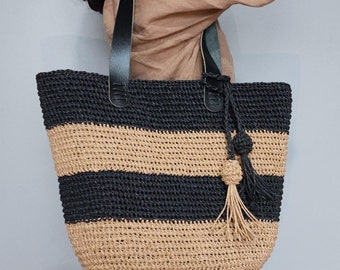 Striped Straw Beach Tote Bag with Leather Handles