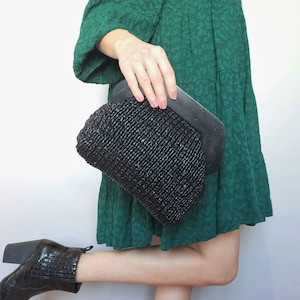 WOOD Handle BLACK Bag, Modern Mini Black Metallic Handmade Clutch Top Handle and Shoulder Bag For Women