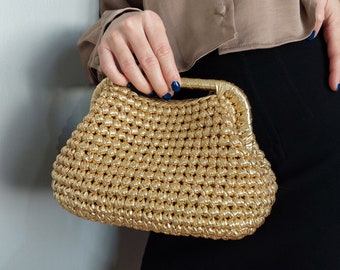 Gold Wedding Bag for Woman, Gold Evening Bag, Gold Wedding Guest Bag, Gold Clutch Bag, Gold Woven Bag