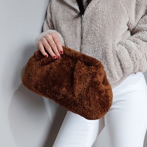 Braune Plüsch-Pelztasche, Braune Pelz-Teddytasche, Braune Pelz-Clutch für Frau, Braune Wintertasche, Braune Herbsttasche