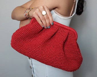 Bolso De Paja Rojo, Bolso De Rafia Rojo, Clutch De Rafia Rojo, Bolso Tejido De Rafia