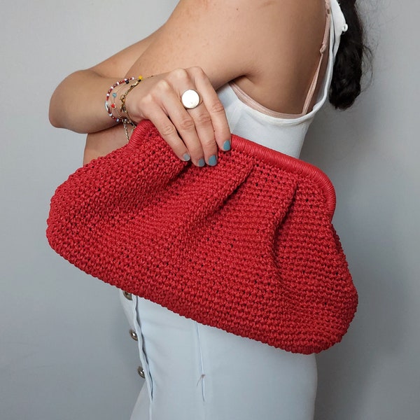 Red Straw Bag, Red Raffia Bag, Red Raffia Clutch, Raffia Woven Bag