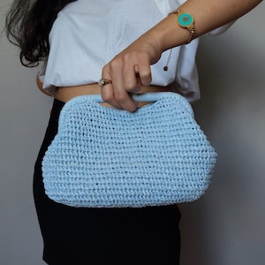 Light Blue Straw Pouch Bag, Blue Raffia Bag with Handle