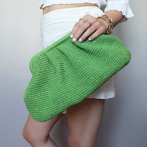 Sac en raphia vert, sac pochette d'été en paille verte, sac en paille vert