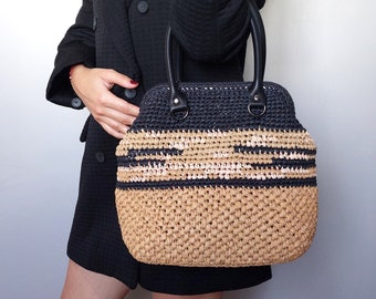 Raffia Yarn Bag with Black Leather Handle, Casual Raffia Bag