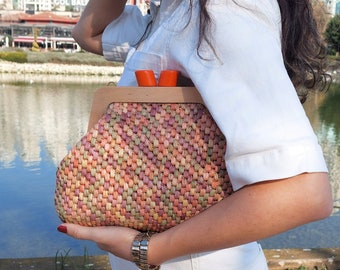 Multicolor Raffia Bag, Multicolor Straw Bag, Modern Colorful Wicker Handmade Clutch Bag With Wooden Details For Women