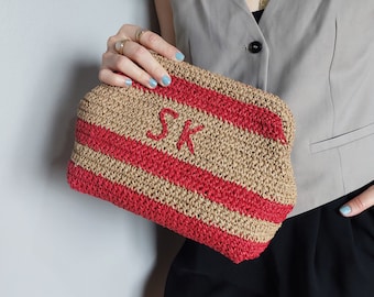 Gestickte Stroh-Bast-Clutch-Geldbörse, personalisierte Raffia-Sommertasche, Damen-Clutch-Tasche, bestickte Stroh-Webtasche, Sommer-Cocktail-Tasche