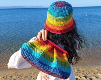 Rainbow raffia bag, Rainbow Bag and Hat Set, Rainbow Straw Summer Pouch Bag and Hat Pair, Pride Bag