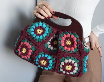 Oma Quadratische Tasche, Oma Patchwork Tasche, Blumenmuster Holzgriff Top Griff Tasche, afghanische Tasche, Oma Boho Tasche