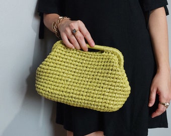 Golden Lime Metallic Raffia Clutch Bag, Olive Green Evening Clutch, Lime Green Pouch Bag, Wedding bag for guests, Evening bag clutch