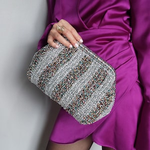 Bolsa de noite prateada, bolsa clutch prateada, bolsa de casamento prateada leve
