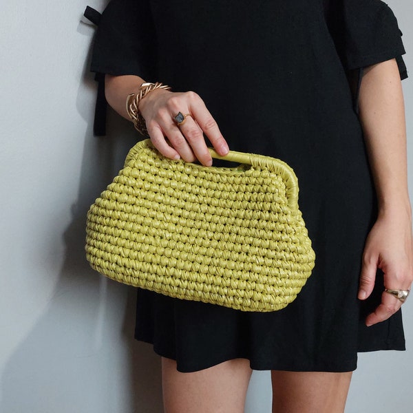 Goldene Limette Metallic Raffia Clutch Tasche, Abendtasche, Olivgrün Abendtasche, Hochzeitstasche für Gäste, Abendtasche Clutch