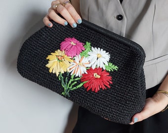 Floral Embroidered Straw Black Raffia Bag for Woman, Flower Embroidered Summer Black Clutch Bag, Beach Wedding Guest Bag