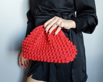 Red Beaded Clutch Bag, Evening Wedding Guest Bag