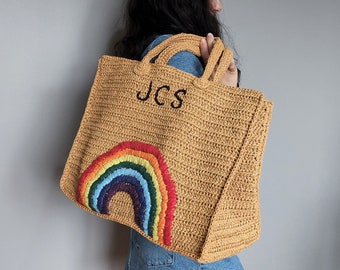 Regenbogen gestickte Bast Einkaufstasche, personalisierte Strandtasche