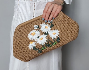 Sac en raphia de paille brodé de fleurs pour femme, pochette d'été brodée de fleurs, sac d'invité de mariage de plage