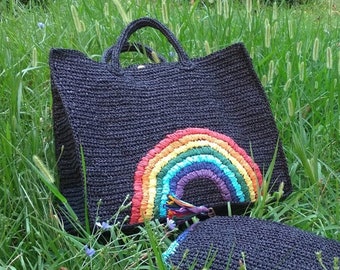 Draagtas van regenboog geborduurde raffia, gepersonaliseerde Pride-portemonnee