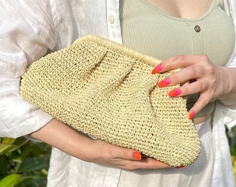 Crochet Raffia Evening Pouch Bag, Boho Wedding Clutch