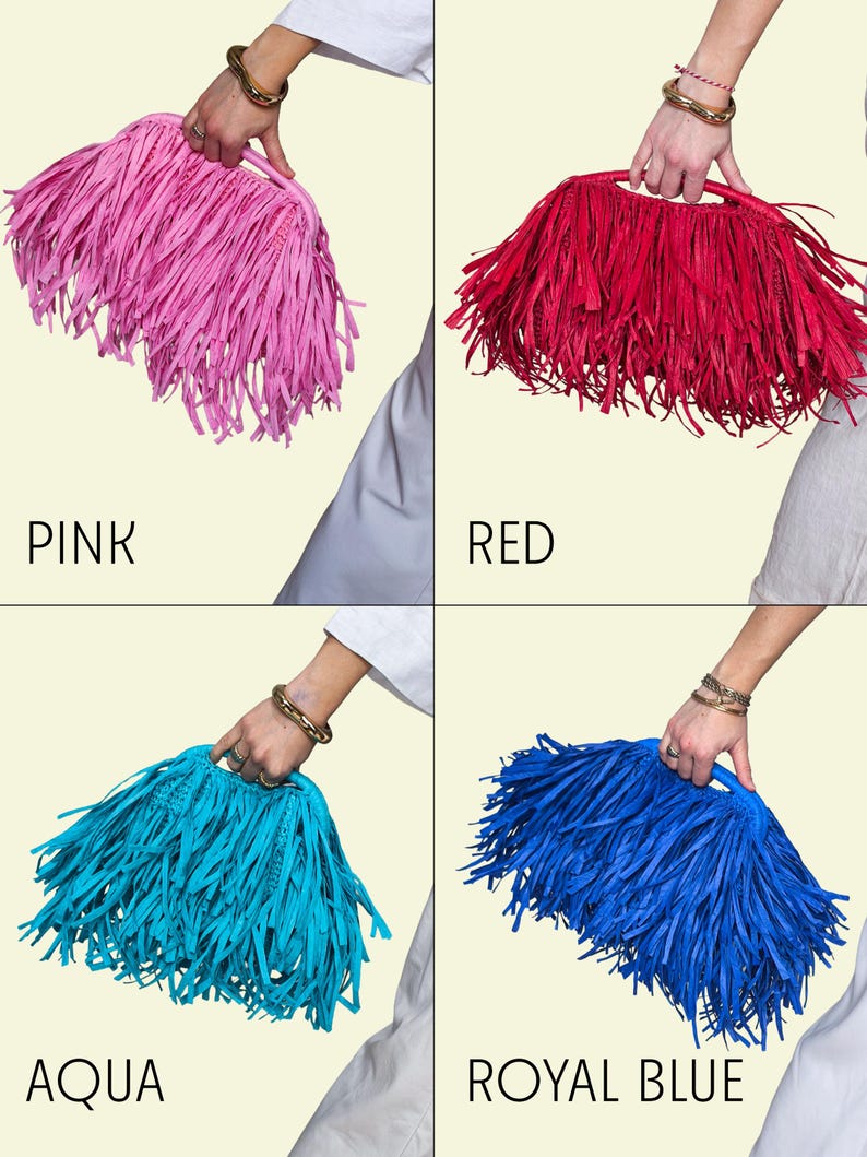 May include: Four fringed handbags in pink, red, aqua, and royal blue. Each bag has a handle and is held by a person. The colours are labelled below each bag. The bags are made of a fringed material.